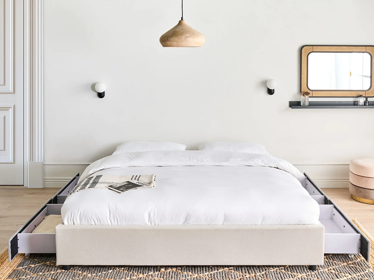 Bed with Storage Drawers without Headboard PRADES Fabric Light Beige 180 x 200 cm (EU Super King)