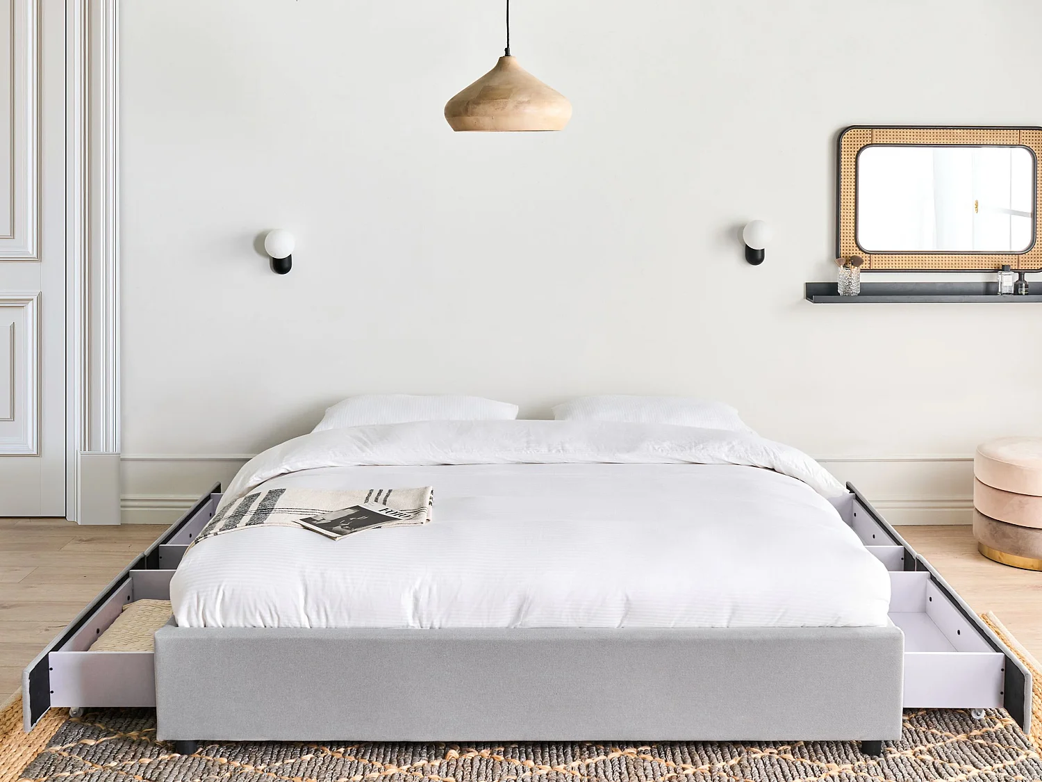 Lit avec tiroirs de rangement sans tête de lit Tissu PRADES 180 x 200 cm Gris clair