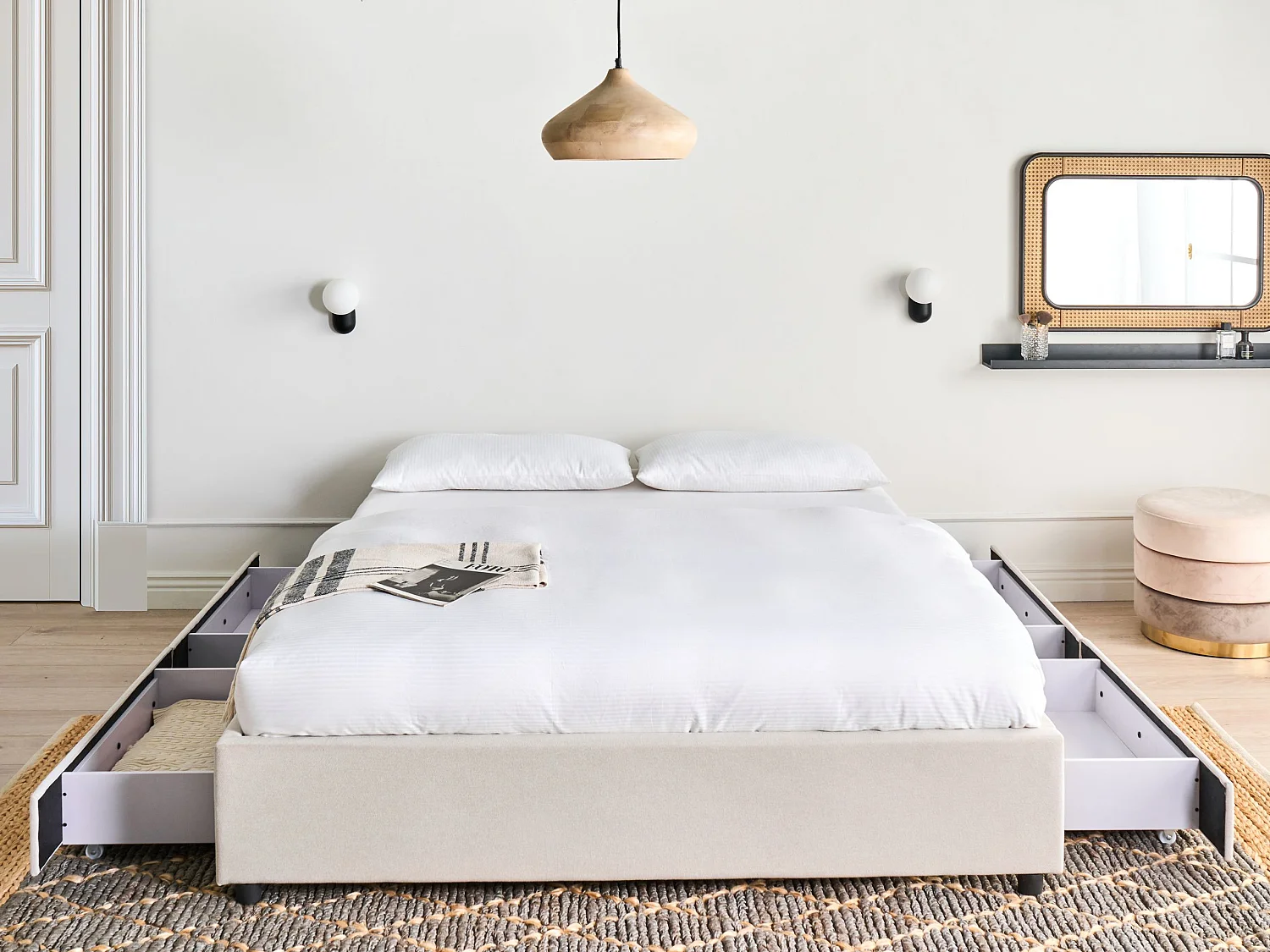 Lit avec tiroirs de rangement sans tête de lit Tissu PRADES 160 x 200 cm Beige clair