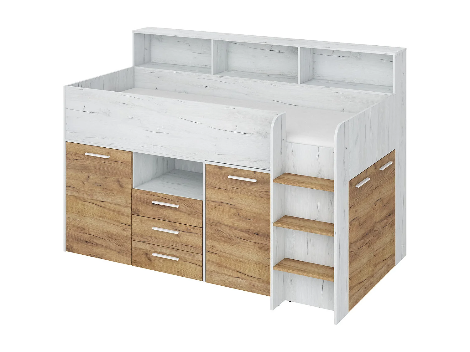 NEO P Etagenbett mit Schreibtisch, Schubladen und Regalen – weiß/craft gold, modernes Möbelstück für Kinderzimmer, sichere Leiter, Schlafbereich 80x200 cm