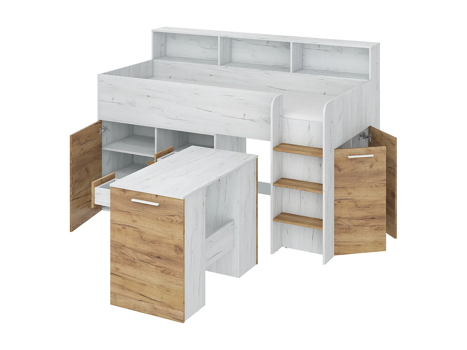 NEO P Etagenbett mit Schreibtisch, Schubladen und Regalen – weiß/craft gold, modernes Möbelstück für Kinderzimmer, sichere Leiter, Schlafbereich 80x200 cm