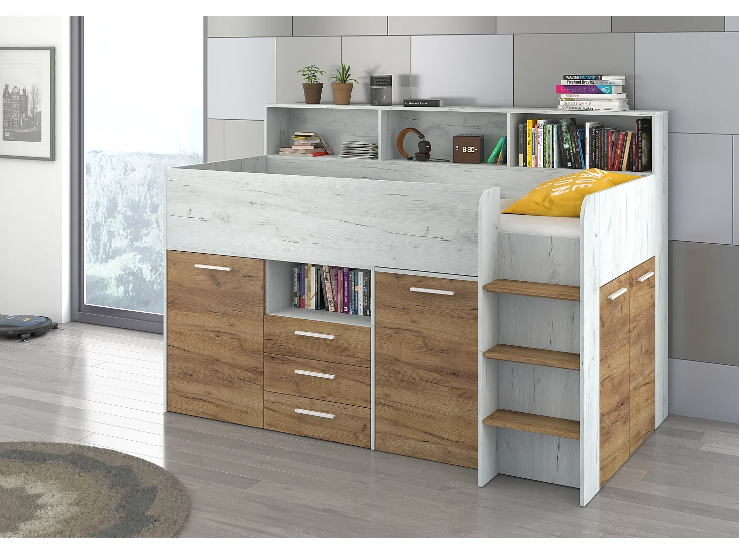 NEO P Etagenbett mit Schreibtisch, Schubladen und Regalen – weiß/craft gold, modernes Möbelstück für Kinderzimmer, sichere Leiter, Schlafbereich 80x200 cm