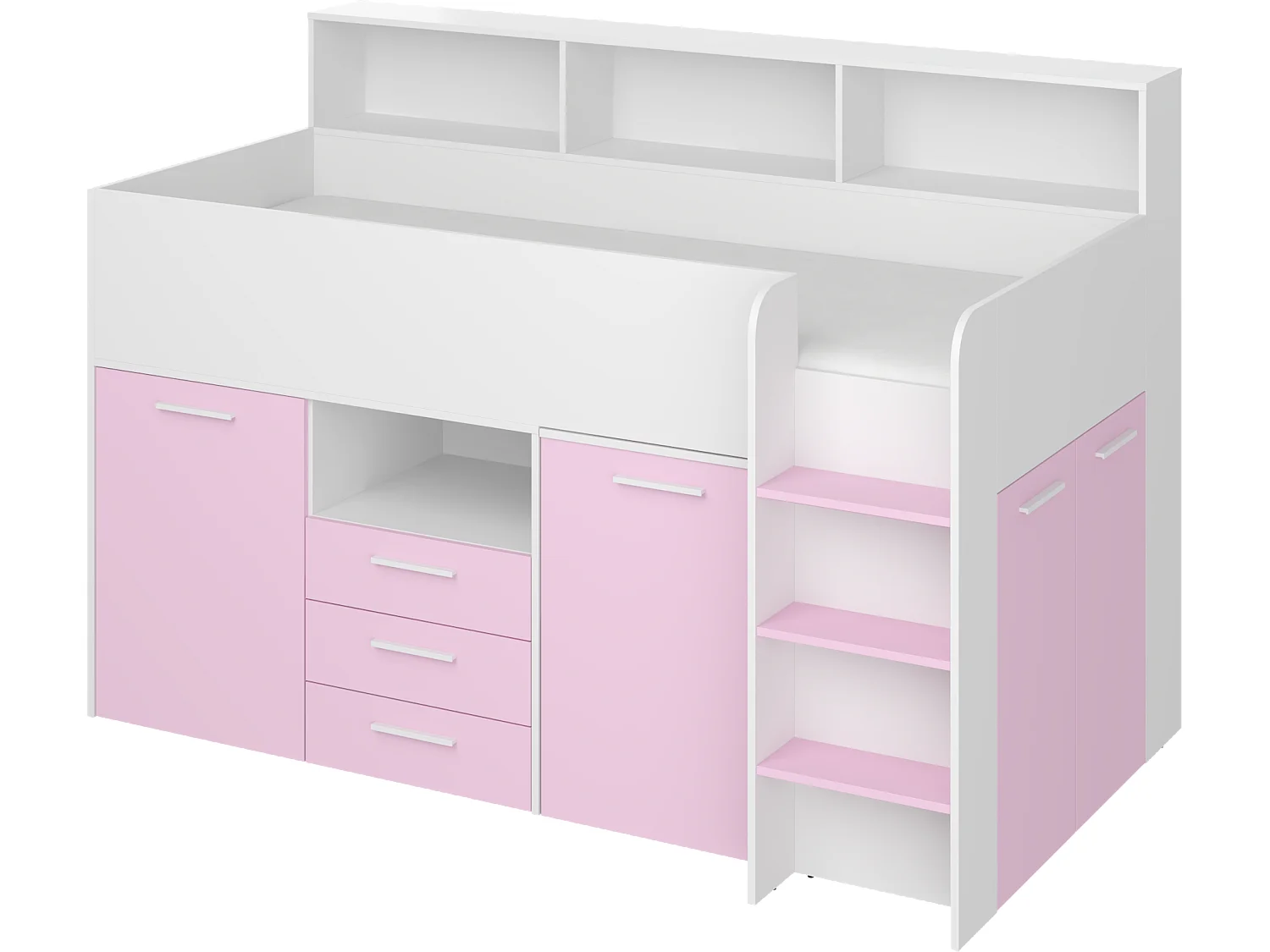 NEO P Etagenbett mit Schreibtisch, Schubladen und Regalen – weiß/lavendel, modernes Möbelstück für Kinderzimmer, sichere Leiter, Schlafbereich 80x200 cm