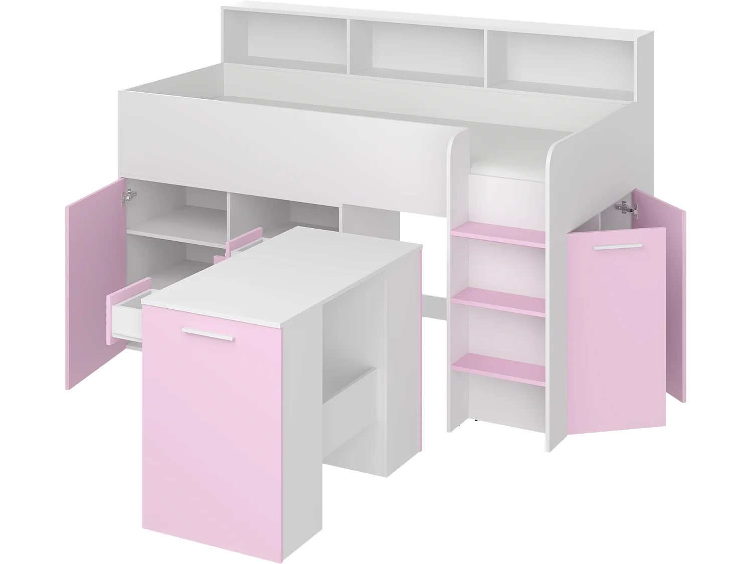 NEO P Etagenbett mit Schreibtisch, Schubladen und Regalen – weiß/lavendel, modernes Möbelstück für Kinderzimmer, sichere Leiter, Schlafbereich 80x200 cm