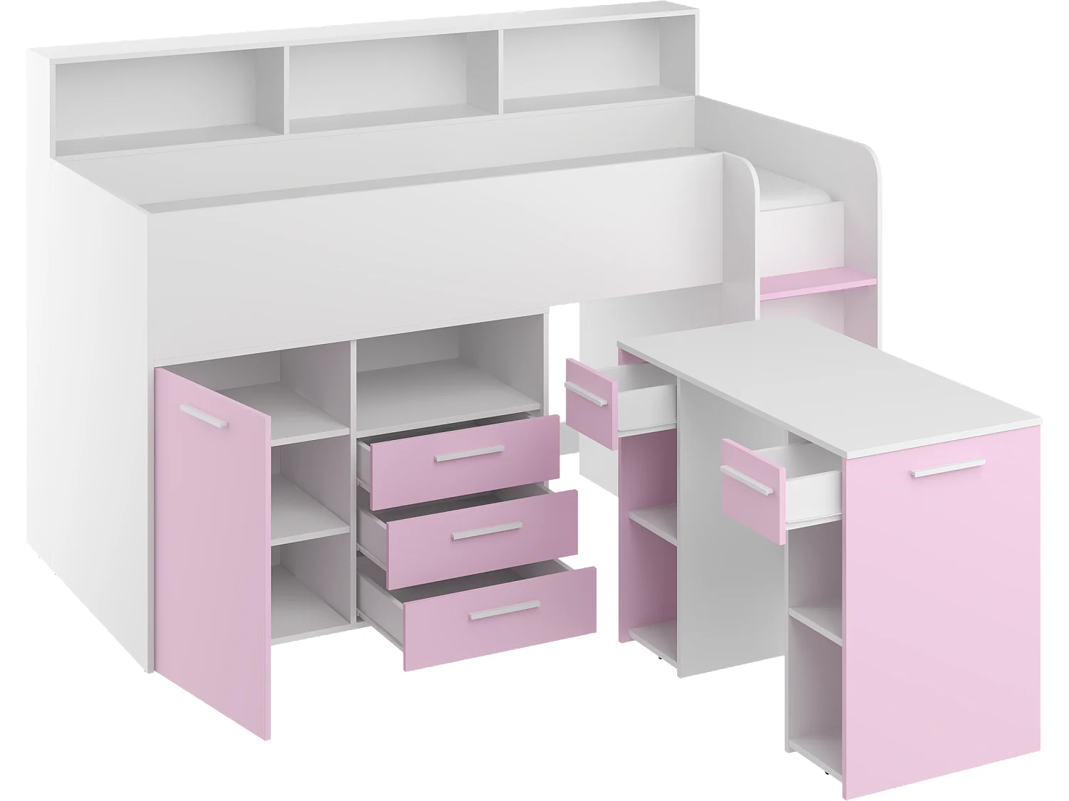 NEO P Etagenbett mit Schreibtisch, Schubladen und Regalen – weiß/lavendel, modernes Möbelstück für Kinderzimmer, sichere Leiter, Schlafbereich 80x200 cm