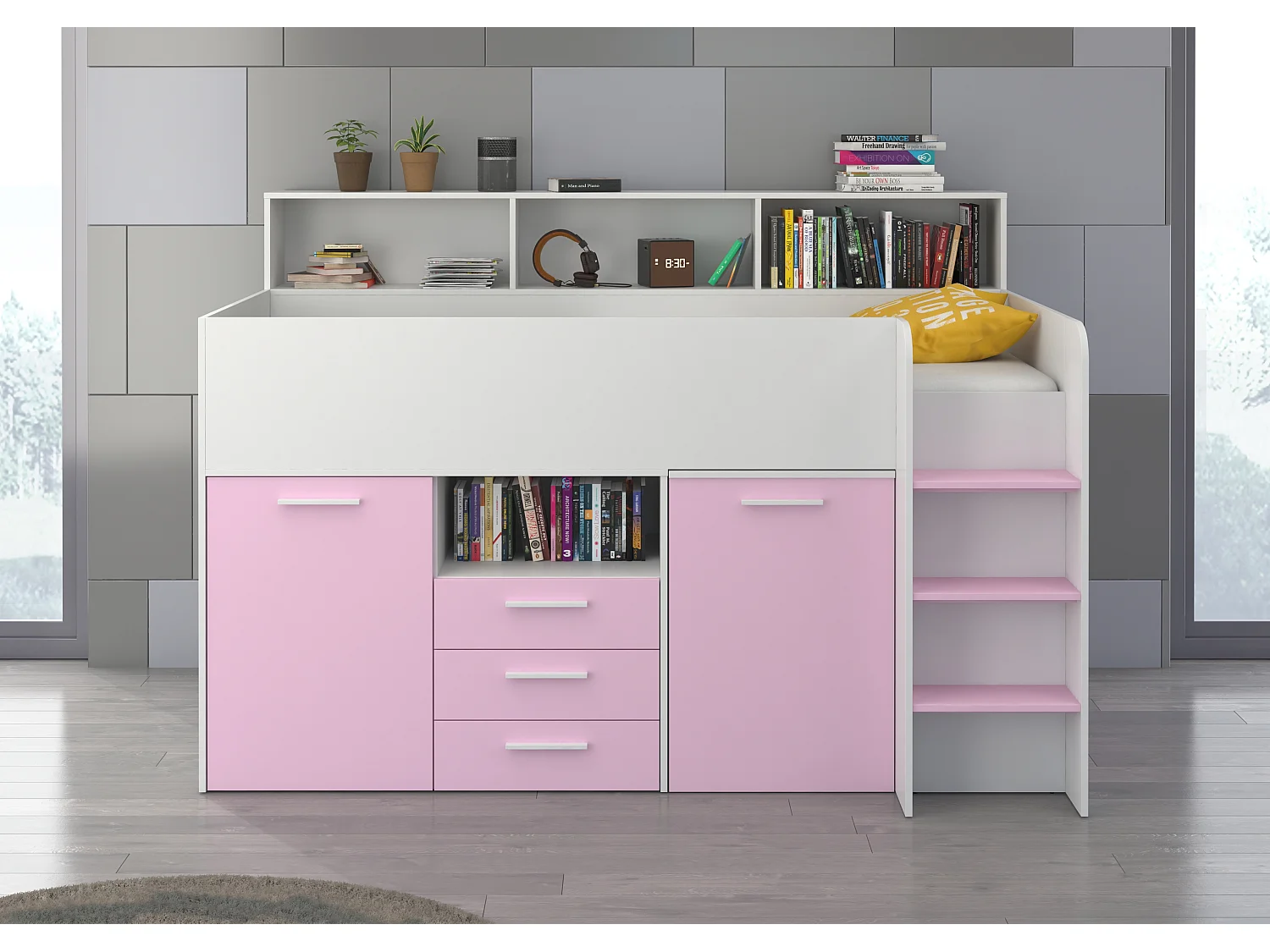 NEO P Etagenbett mit Schreibtisch, Schubladen und Regalen – weiß/lavendel, modernes Möbelstück für Kinderzimmer, sichere Leiter, Schlafbereich 80x200 cm