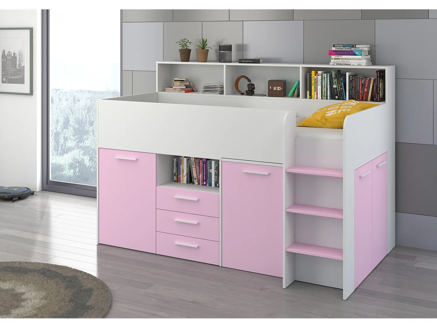 NEO P Etagenbett mit Schreibtisch, Schubladen und Regalen – weiß/lavendel, modernes Möbelstück für Kinderzimmer, sichere Leiter, Schlafbereich 80x200 cm