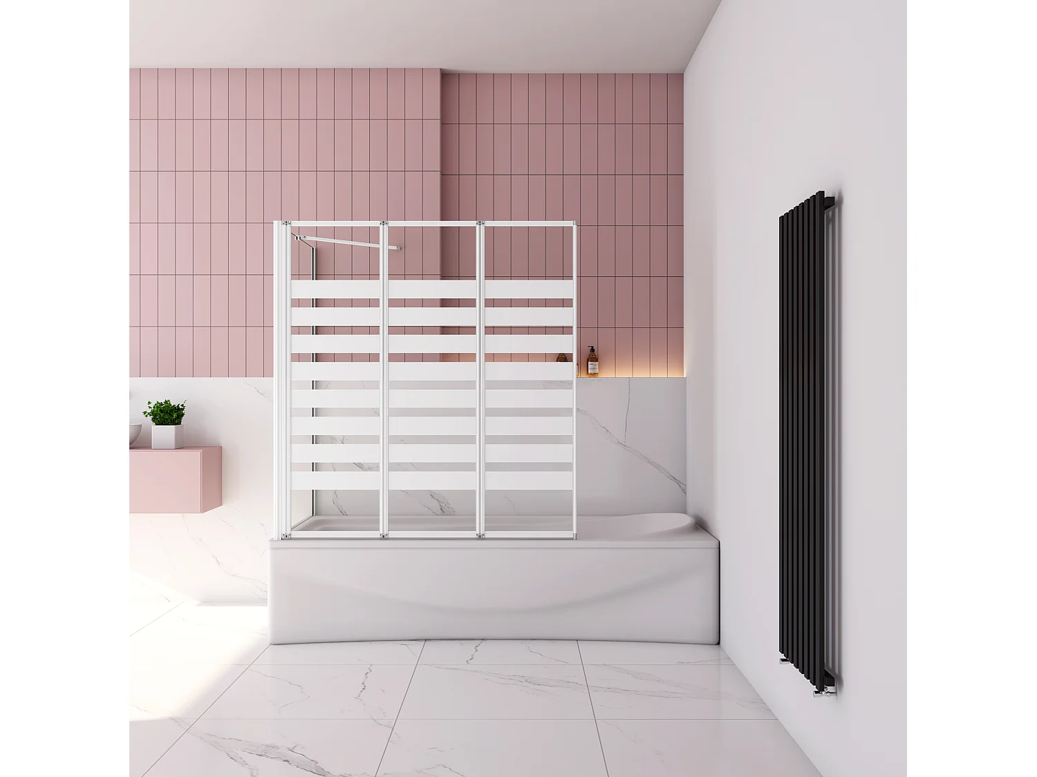 Badwand 3 panelen vouwbaar 100x140cm en zijwand 75cm,4mm NANO helder veiligheidsglas,mat zwarte profiel - linkerkant installeren