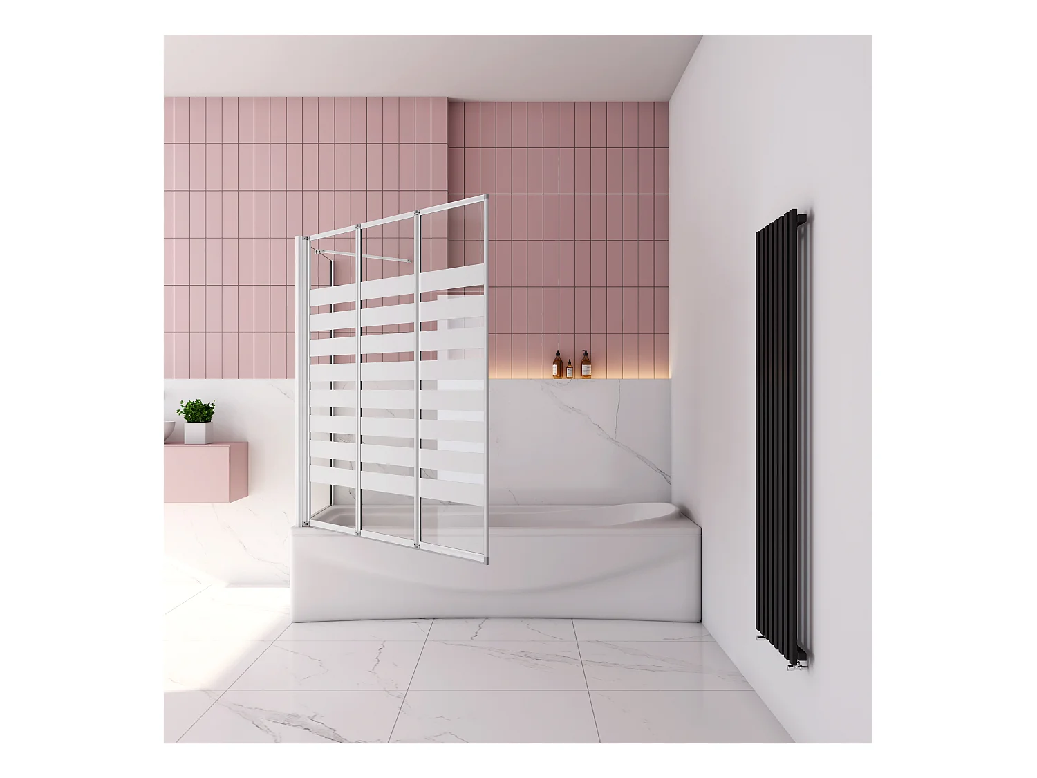 Badwand 3 panelen vouwbaar 100x140cm en zijwand 75cm,4mm NANO helder veiligheidsglas,mat zwarte profiel - linkerkant installeren