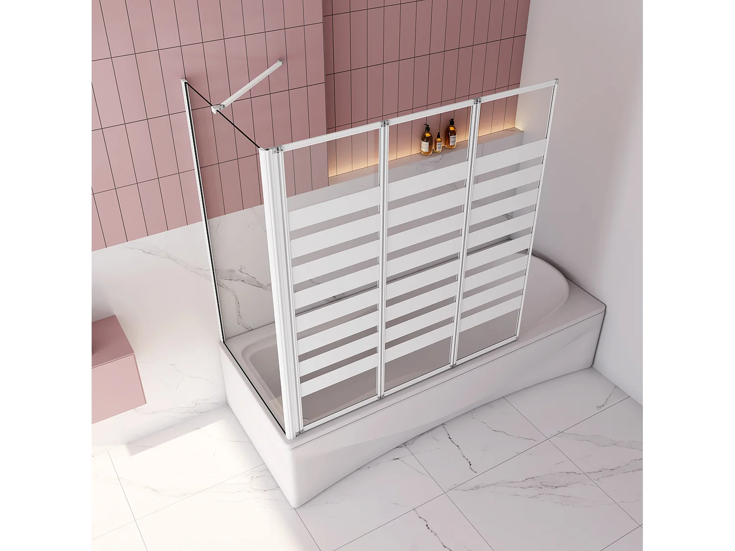 Badwand 3 panelen vouwbaar 100x140cm en zijwand 75cm,4mm NANO helder veiligheidsglas,mat zwarte profiel - linkerkant installeren