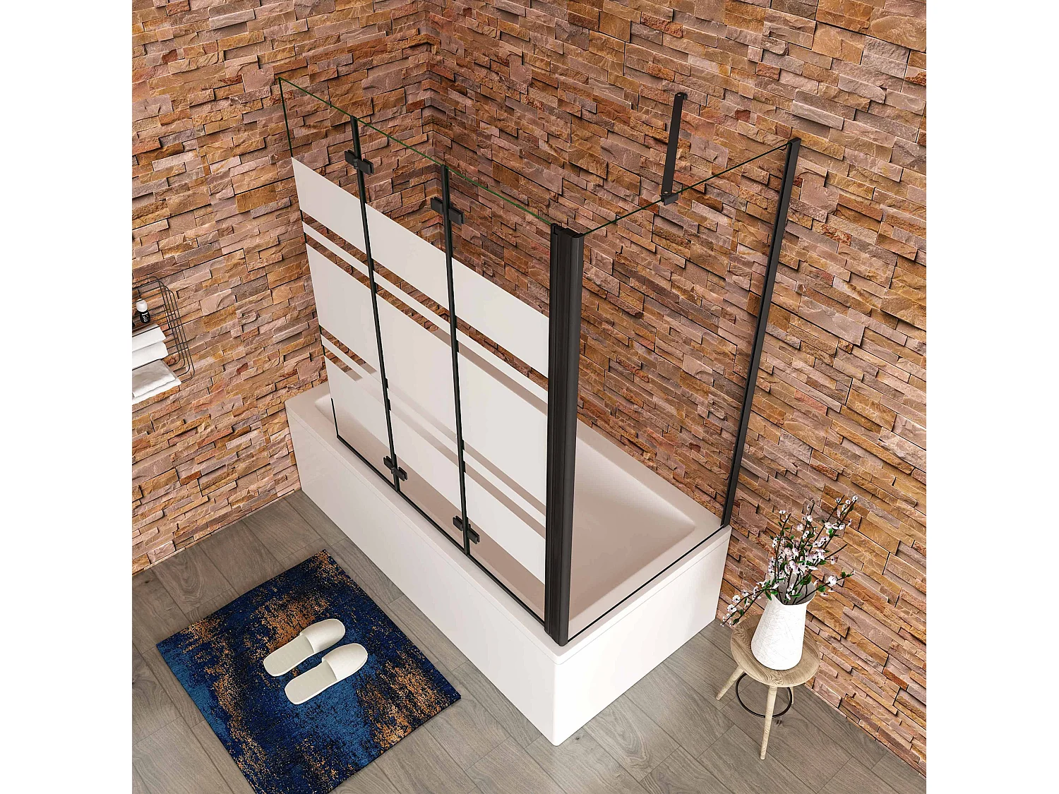 130x80x140cm Badwand 3 panelen vouwbaar met vast zijwand,6 mm nano helder veiligheidsglas met horizontale strepen - mat zwart profiel