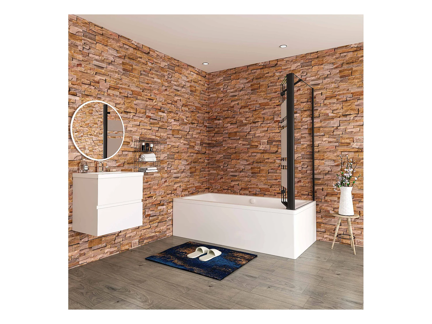 130x75x140cm Badwand 3 panelen vouwbaar met vast zijwand,6 mm nano helder veiligheidsglas met horizontale strepen - mat zwart profiel