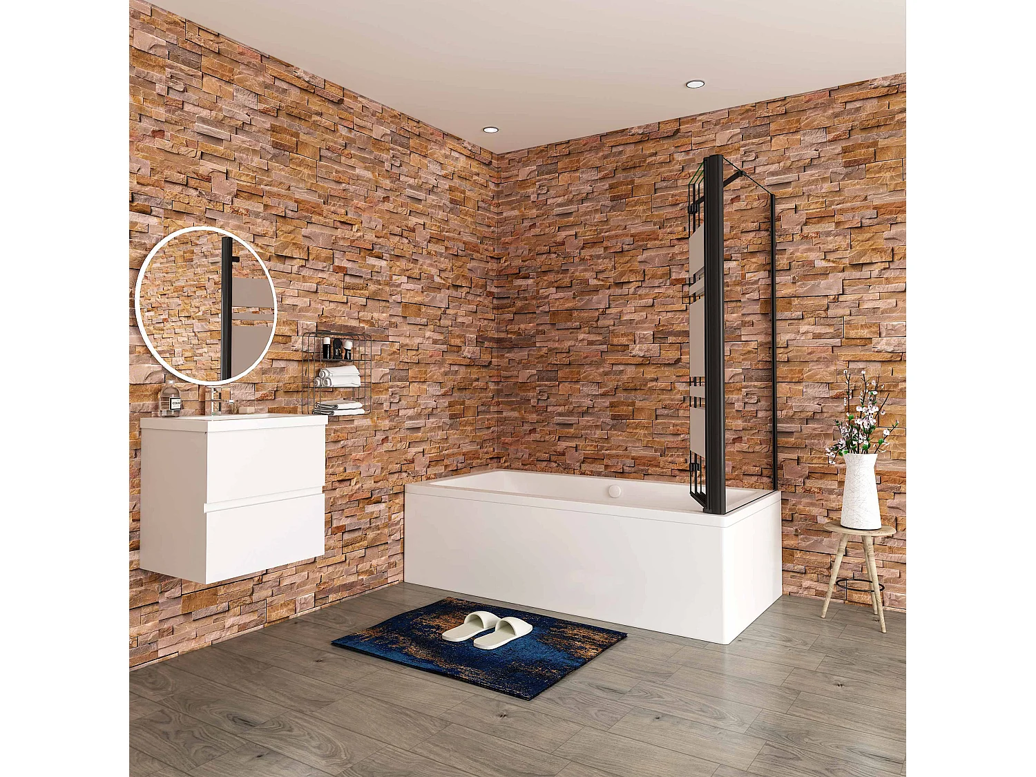 130x75x140cm Badwand 3 panelen vouwbaar met vast zijwand,6 mm nano helder veiligheidsglas met horizontale strepen - mat zwart profiel