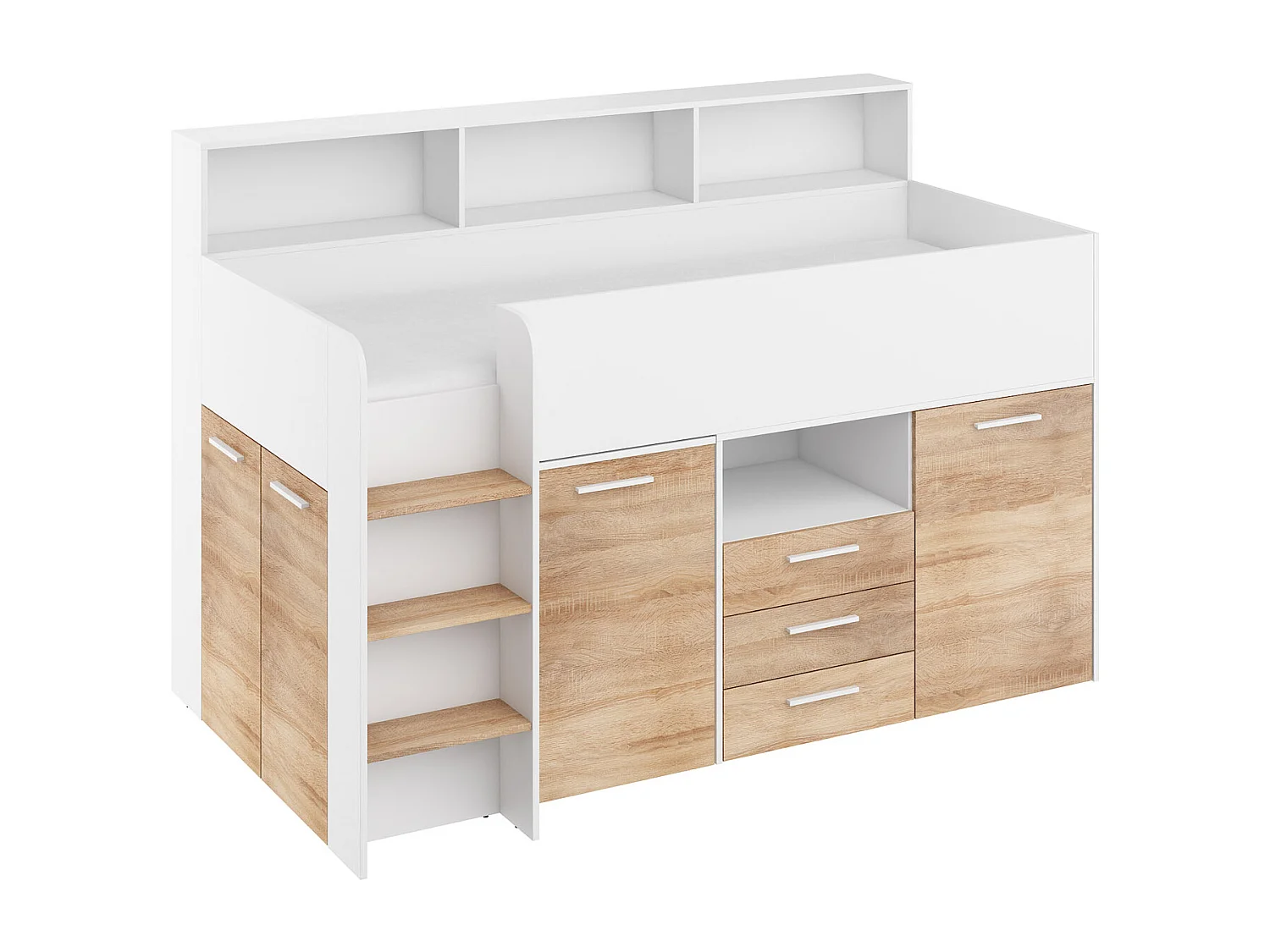 NEO L Etagenbett mit Schreibtisch, Schubladen und Regalen – weiß/sonoma eiche, modernes Möbelstück für Kinderzimmer, sichere Leiter, Schlafbereich 80x200 cm