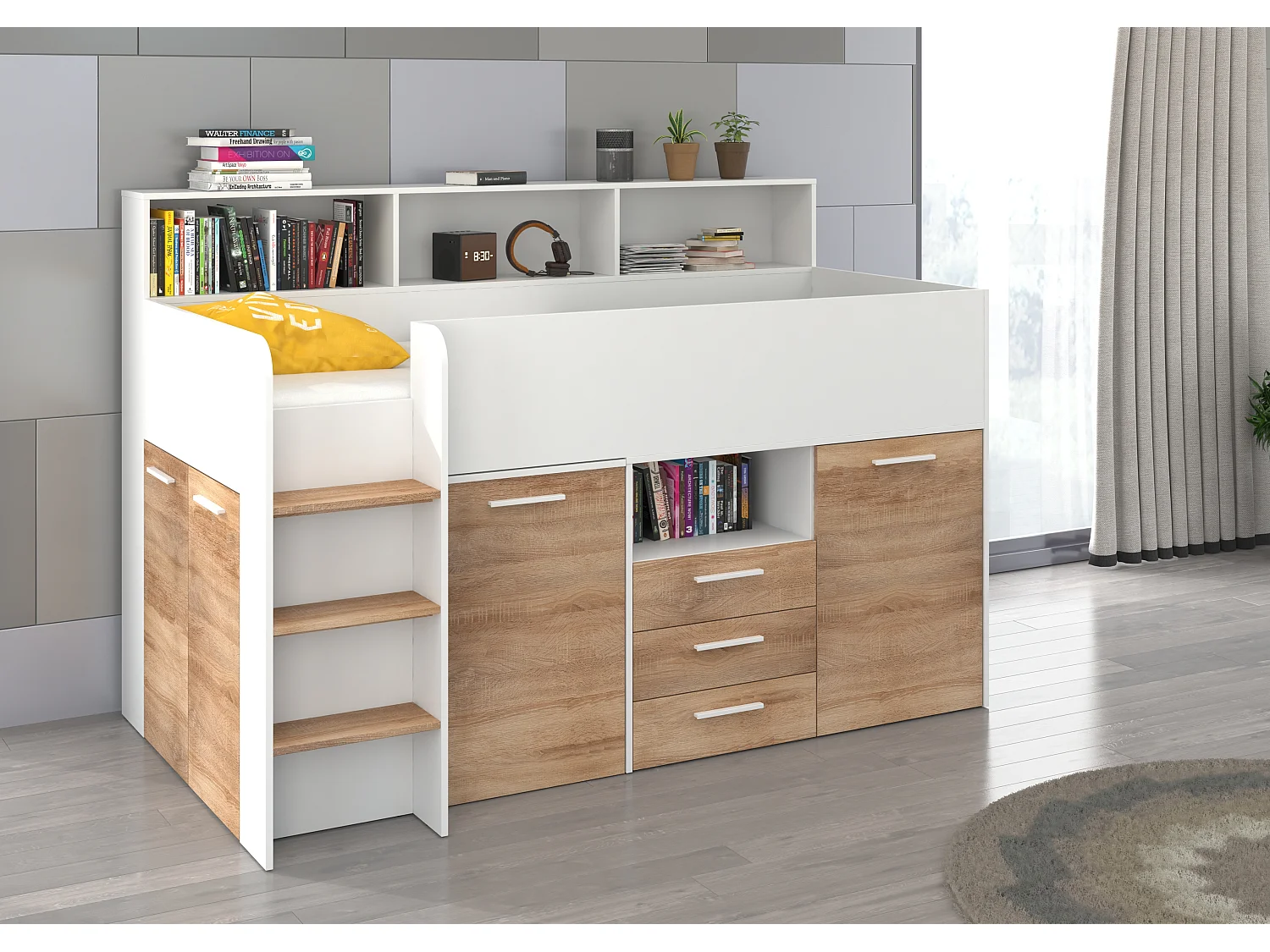 NEO L Etagenbett mit Schreibtisch, Schubladen und Regalen – weiß/sonoma eiche, modernes Möbelstück für Kinderzimmer, sichere Leiter, Schlafbereich 80x200 cm