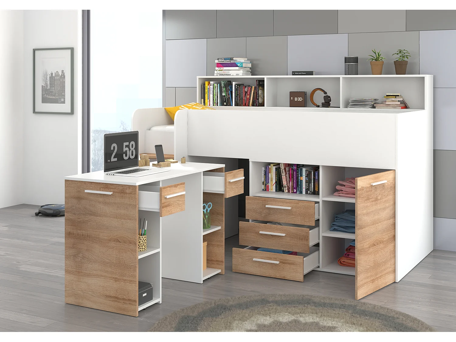 NEO L Etagenbett mit Schreibtisch, Schubladen und Regalen – weiß/sonoma eiche, modernes Möbelstück für Kinderzimmer, sichere Leiter, Schlafbereich 80x200 cm