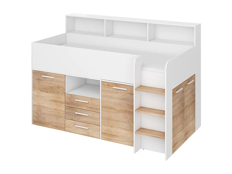 NEO P Etagenbett mit Schreibtisch, Schubladen und Regalen – weiß/sonoma eiche, modernes Möbelstück für Kinderzimmer, sichere Leiter, Schlafbereich 80x200 cm