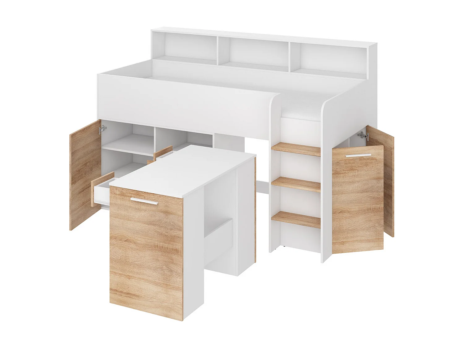 NEO P Etagenbett mit Schreibtisch, Schubladen und Regalen – weiß/sonoma eiche, modernes Möbelstück für Kinderzimmer, sichere Leiter, Schlafbereich 80x200 cm