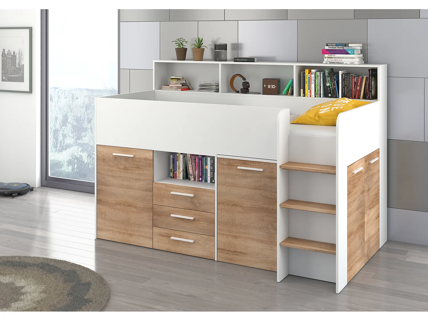 NEO P Etagenbett mit Schreibtisch, Schubladen und Regalen – weiß/sonoma eiche, modernes Möbelstück für Kinderzimmer, sichere Leiter, Schlafbereich 80x200 cm