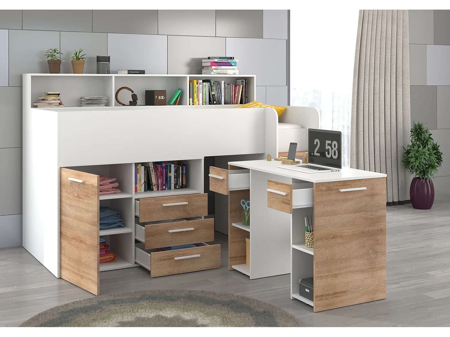NEO P Etagenbett mit Schreibtisch, Schubladen und Regalen – weiß/sonoma eiche, modernes Möbelstück für Kinderzimmer, sichere Leiter, Schlafbereich 80x200 cm