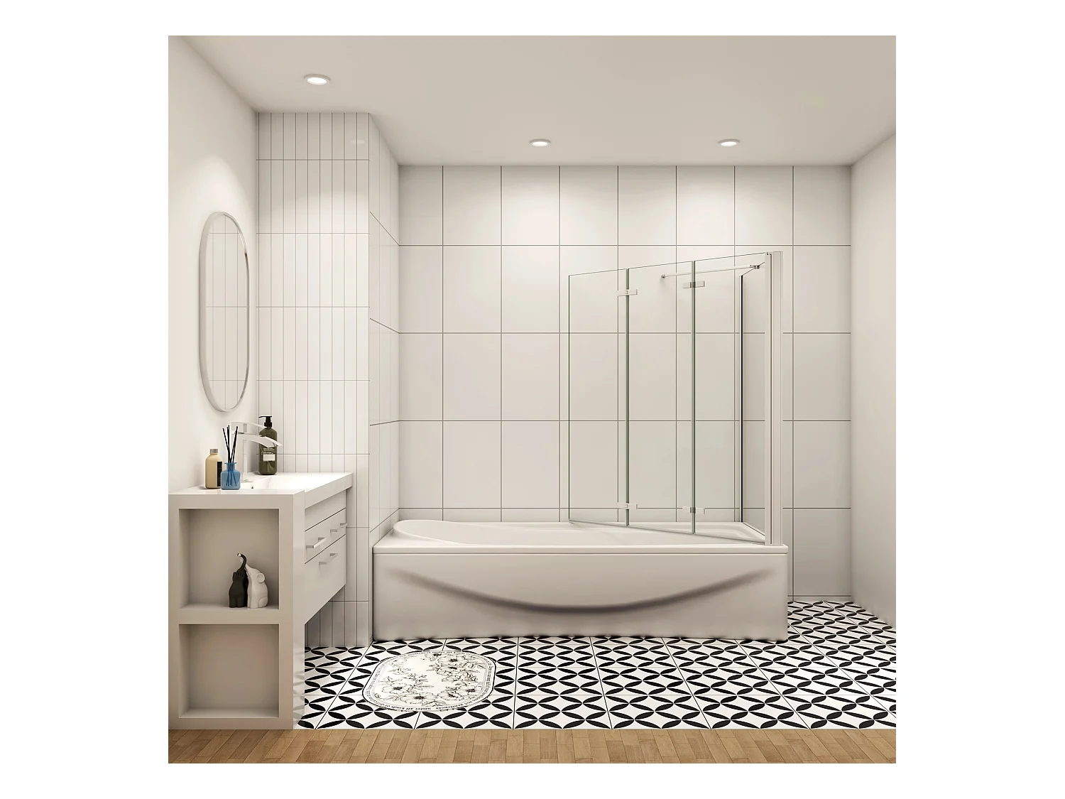 130x80x140cm Badscherm badwand 3 panelen vouwbaar met vast zijwand,6mm NANO helder ESG-veiligheidsglas - mat wit profiel