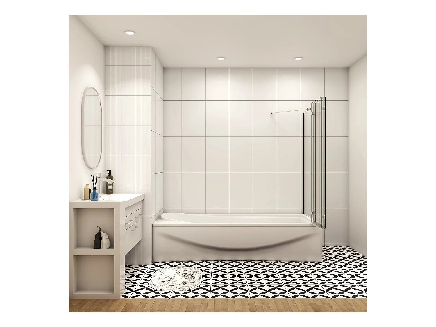 130x80x140cm Badscherm badwand 3 panelen vouwbaar met vast zijwand,6mm NANO helder ESG-veiligheidsglas - mat wit profiel