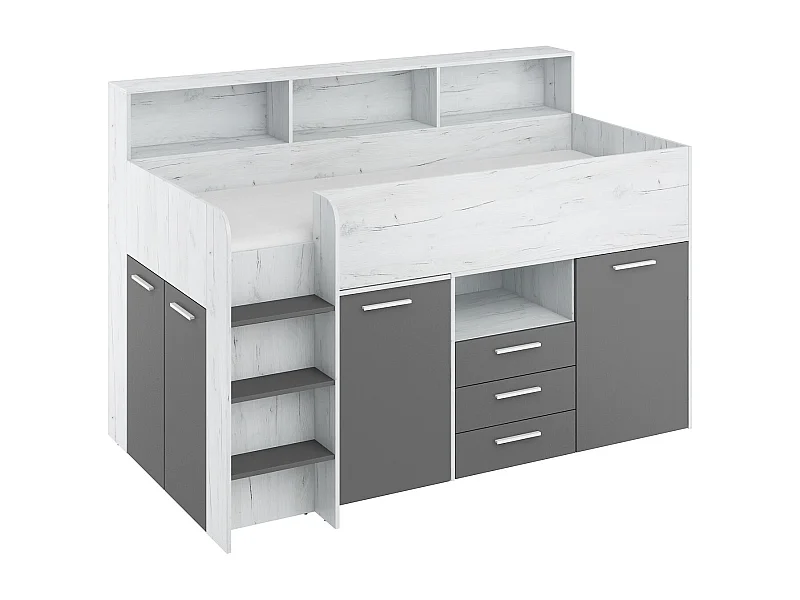 NEO L Etagenbett mit Schreibtisch, Schubladen und Regalen – weiß/graphit, modernes Möbelstück für Kinderzimmer, sichere Leiter, Schlafbereich 80x200 cm