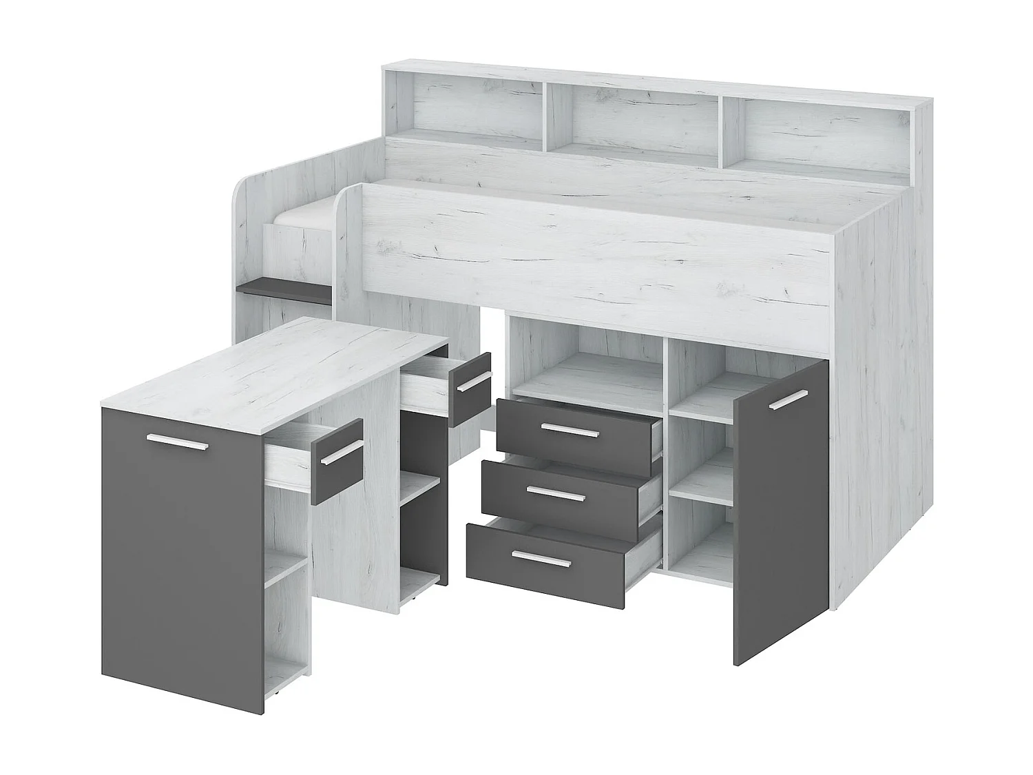 NEO L Etagenbett mit Schreibtisch, Schubladen und Regalen – weiß/graphit, modernes Möbelstück für Kinderzimmer, sichere Leiter, Schlafbereich 80x200 cm