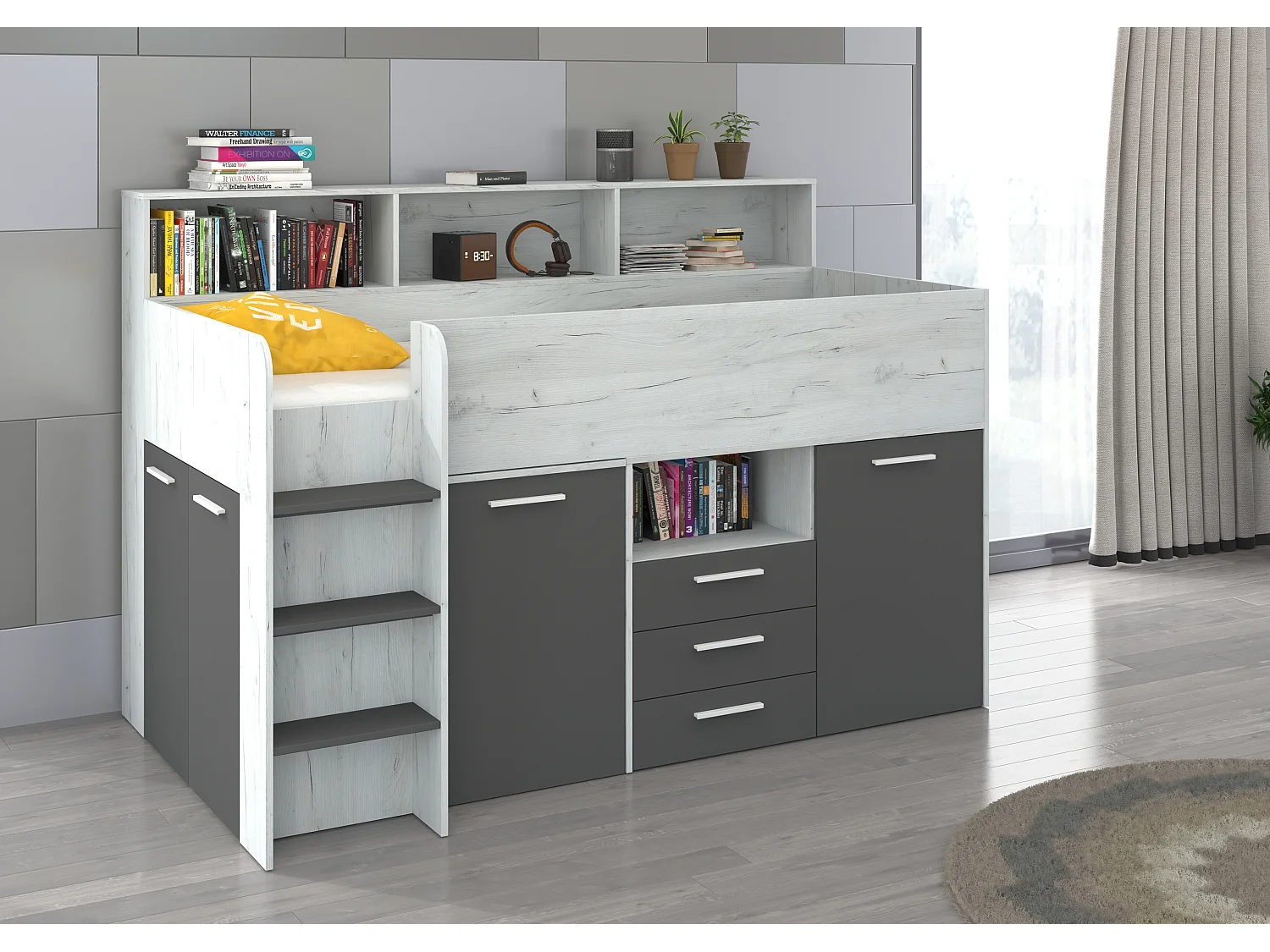 NEO L Etagenbett mit Schreibtisch, Schubladen und Regalen – weiß/graphit, modernes Möbelstück für Kinderzimmer, sichere Leiter, Schlafbereich 80x200 cm