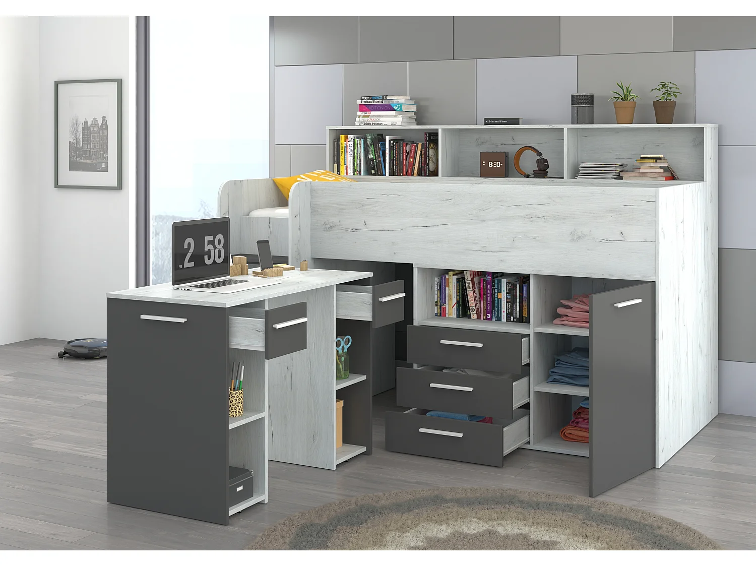 NEO L Etagenbett mit Schreibtisch, Schubladen und Regalen – weiß/graphit, modernes Möbelstück für Kinderzimmer, sichere Leiter, Schlafbereich 80x200 cm