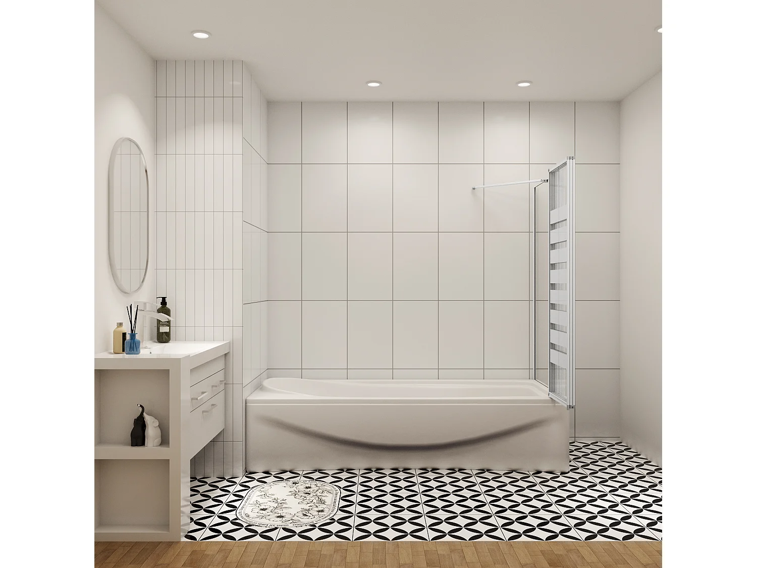 Badwand 3 panelen vouwbaar 100x140cm en zijwand 70cm,4mm NANO helder veiligheidsglas,mat zwarte profiel - rechterkant installeren