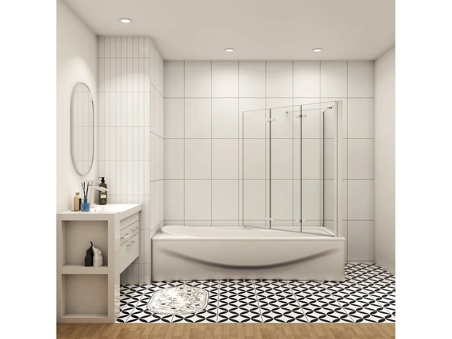 130x70x140cm Badscherm badwand 3 panelen vouwbaar met vast zijwand,6mm NANO helder ESG-veiligheidsglas - mat wit profiel