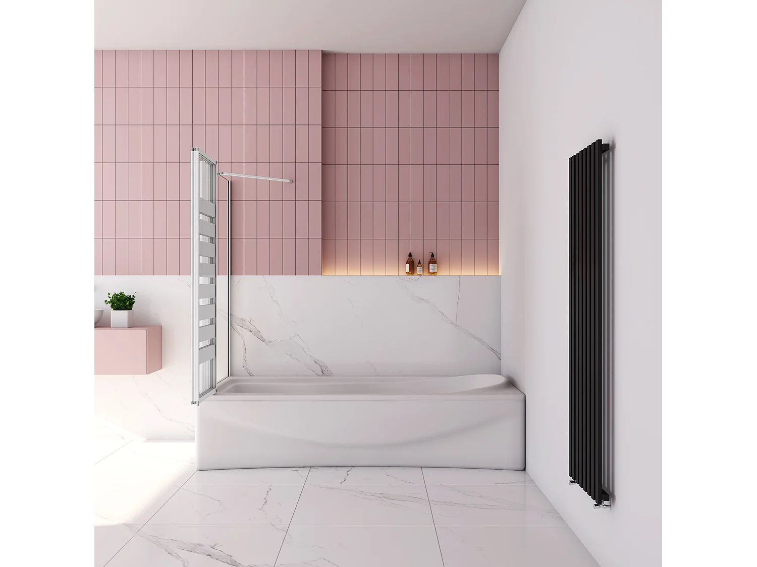 Badwand 3 panelen vouwbaar 100x140cm en zijwand 70cm,4mm NANO helder veiligheidsglas,mat zwarte profiel - linkerkant installeren