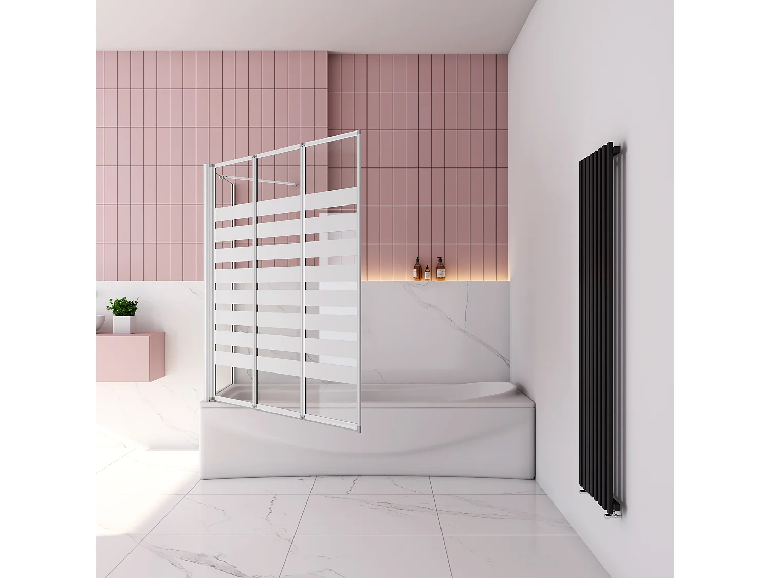 Badwand 3 panelen vouwbaar 100x140cm en zijwand 70cm,4mm NANO helder veiligheidsglas,mat zwarte profiel - linkerkant installeren