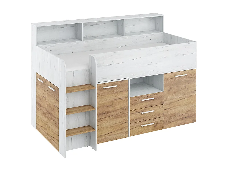 NEO L Etagenbett mit Schreibtisch, Schubladen und Regalen – weiß/craft gold, modernes Möbelstück für Kinderzimmer, sichere Leiter, Schlafbereich 80x200 cm