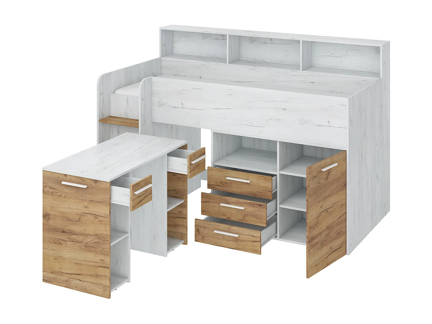 NEO L Etagenbett mit Schreibtisch, Schubladen und Regalen – weiß/craft gold, modernes Möbelstück für Kinderzimmer, sichere Leiter, Schlafbereich 80x200 cm