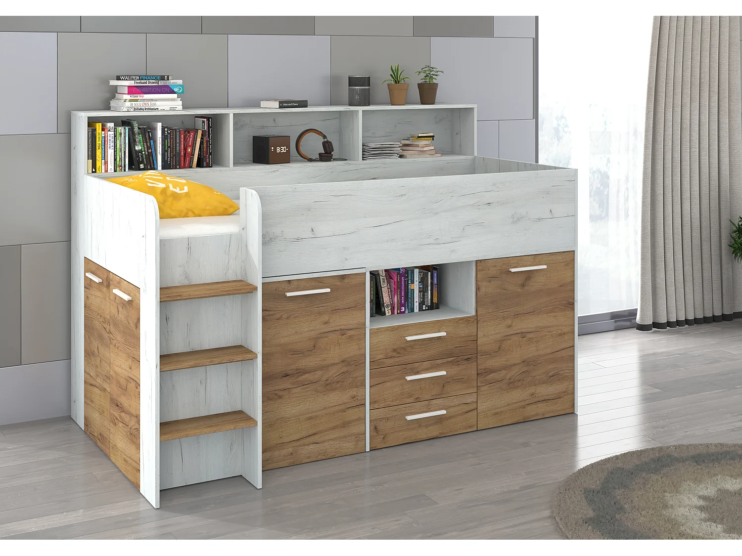 NEO L Etagenbett mit Schreibtisch, Schubladen und Regalen – weiß/craft gold, modernes Möbelstück für Kinderzimmer, sichere Leiter, Schlafbereich 80x200 cm