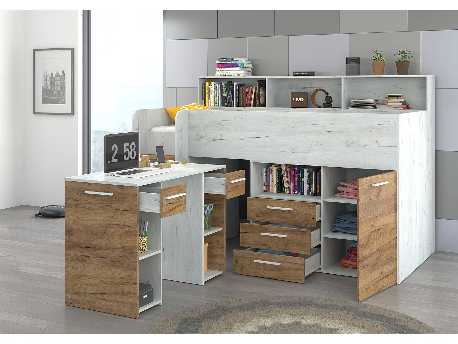 NEO L Etagenbett mit Schreibtisch, Schubladen und Regalen – weiß/craft gold, modernes Möbelstück für Kinderzimmer, sichere Leiter, Schlafbereich 80x200 cm