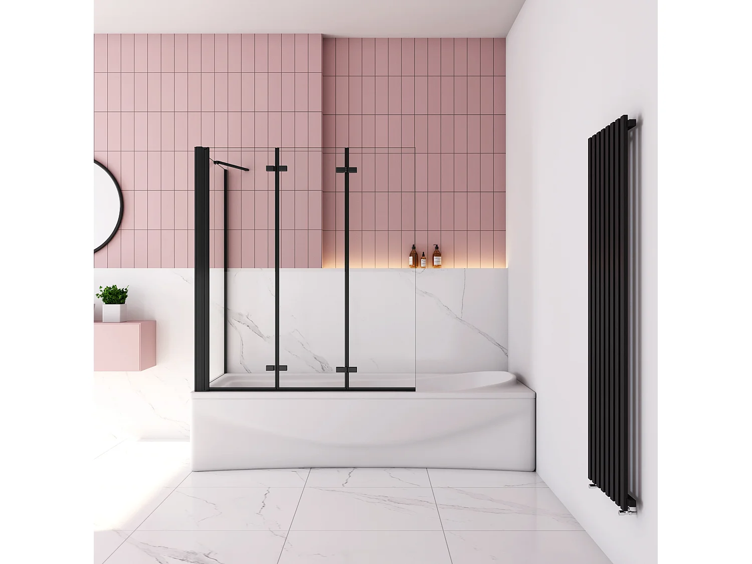 130x75x140cm Badscherm badwand 3 panelen vouwbaar met vast zijwand,6mm NANO helder ESG-veiligheidsglas- mat zwart profiel