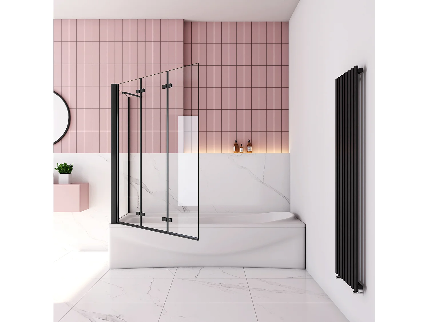 130x75x140cm Badscherm badwand 3 panelen vouwbaar met vast zijwand,6mm NANO helder ESG-veiligheidsglas- mat zwart profiel