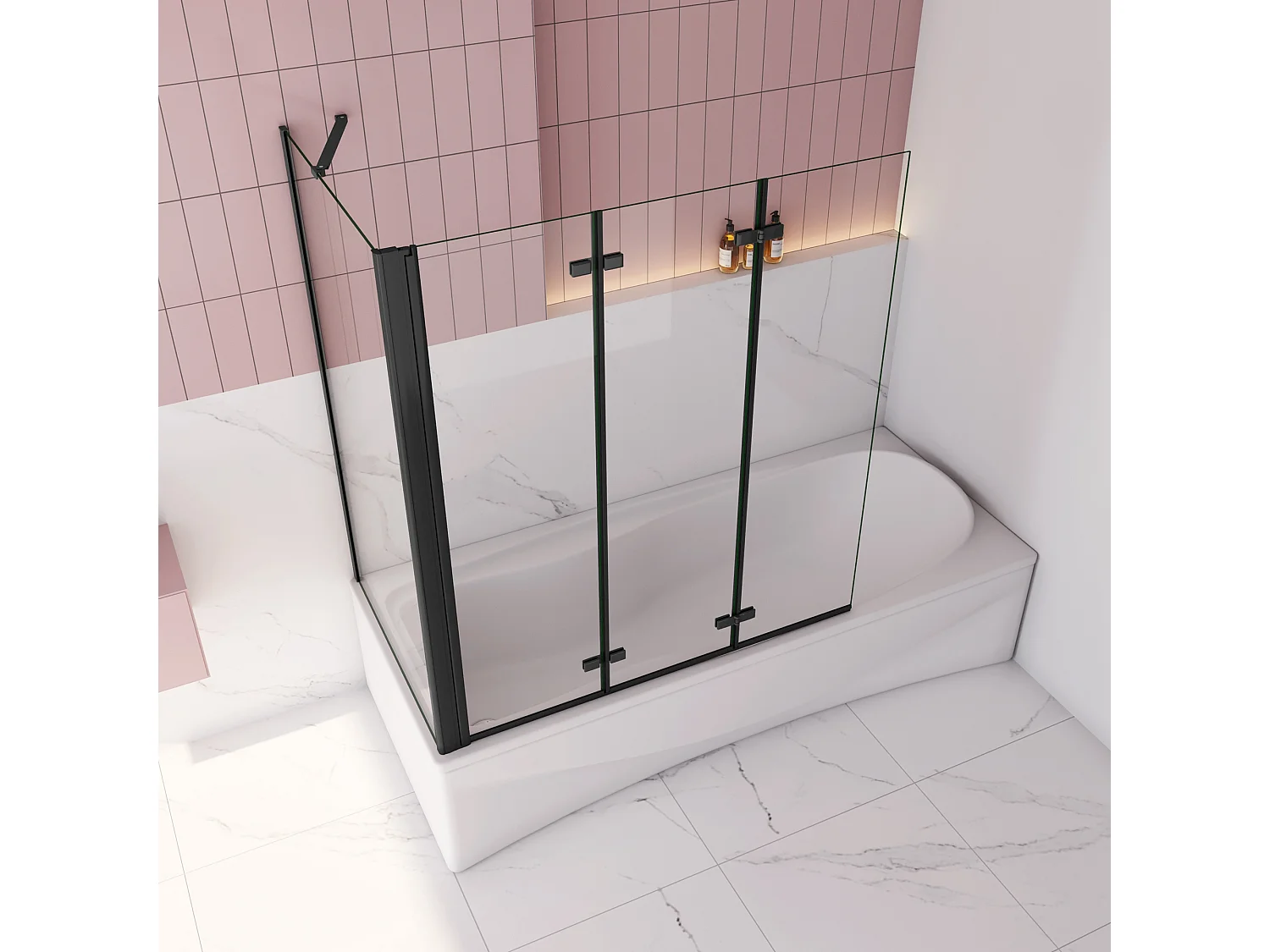 130x75x140cm Badscherm badwand 3 panelen vouwbaar met vast zijwand,6mm NANO helder ESG-veiligheidsglas- mat zwart profiel