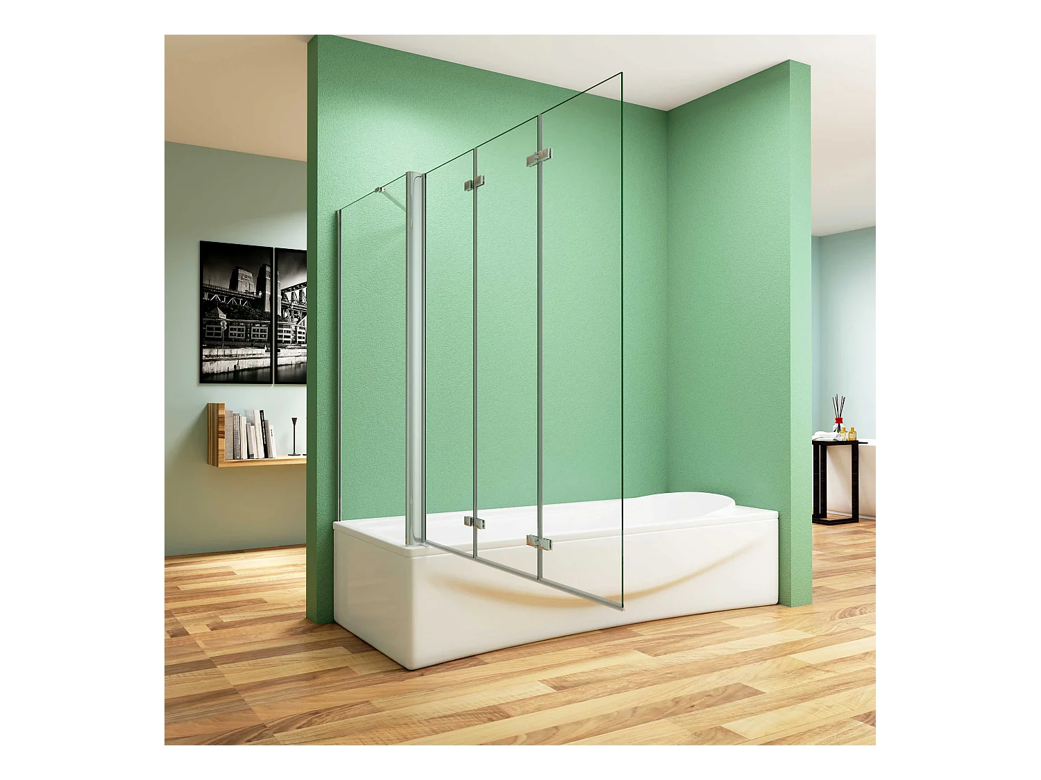 130x70x140cm Badscherm badwand 3 panelen vouwbaar met vast zijwand,6mm NANO helder ESG-veiligheidsglas,profiel van glanzend chroom