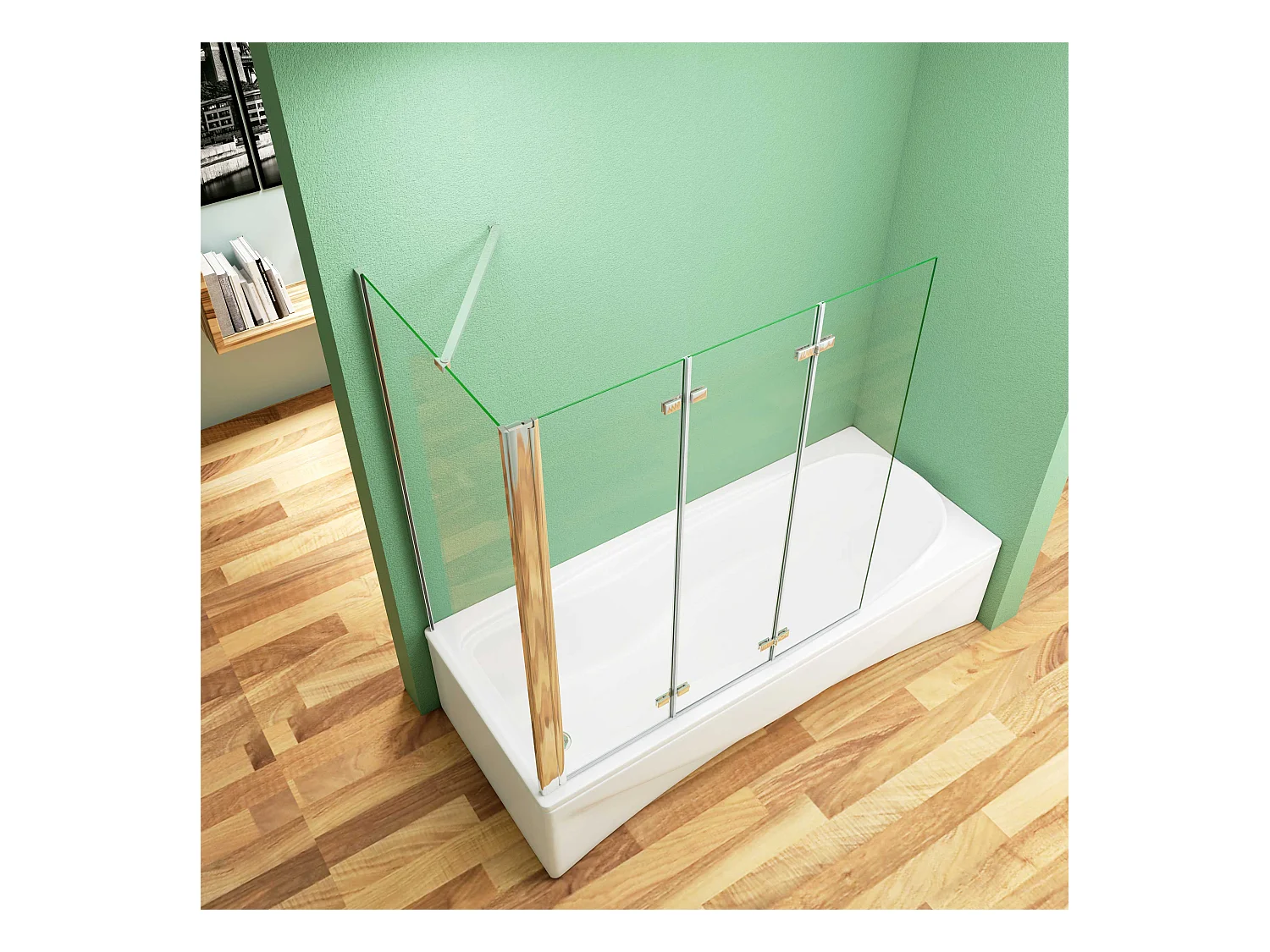 130x75x140cm Badscherm badwand 3 panelen vouwbaar met vast zijwand,6mm NANO helder ESG-veiligheidsglas,profiel van glanzend chroom