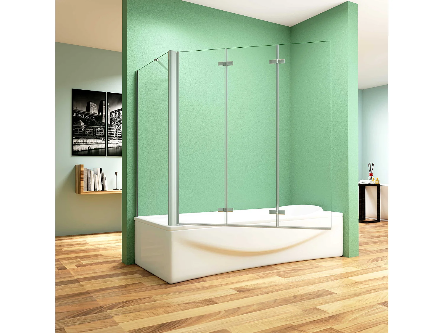 130x75x140cm Badscherm badwand 3 panelen vouwbaar met vast zijwand,6mm NANO helder ESG-veiligheidsglas,profiel van glanzend chroom