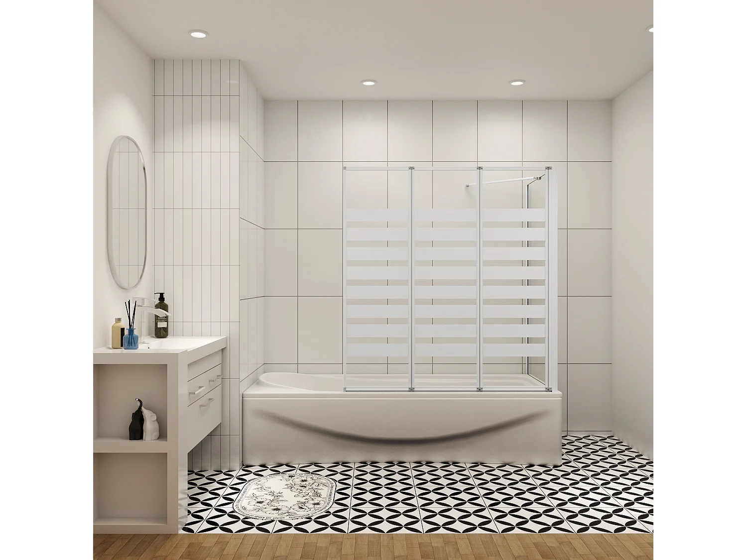 Badwand 3 panelen vouwbaar 100x140cm en zijwand 80cm,4mm NANO helder veiligheidsglas,mat zwarte profiel - rechterkant installeren