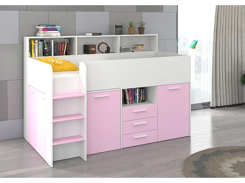 NEO L Etagenbett mit Schreibtisch, Schubladen und Regalen – weiß/lavendel, modernes Möbelstück für Kinderzimmer, sichere Leiter, Schlafbereich 80x200 cm