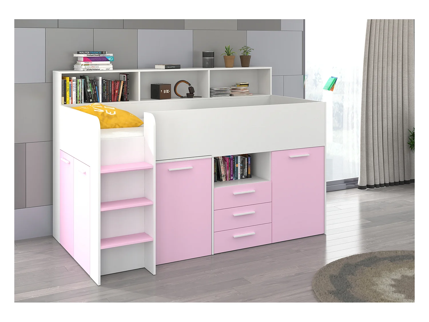 NEO L Etagenbett mit Schreibtisch, Schubladen und Regalen – weiß/lavendel, modernes Möbelstück für Kinderzimmer, sichere Leiter, Schlafbereich 80x200 cm