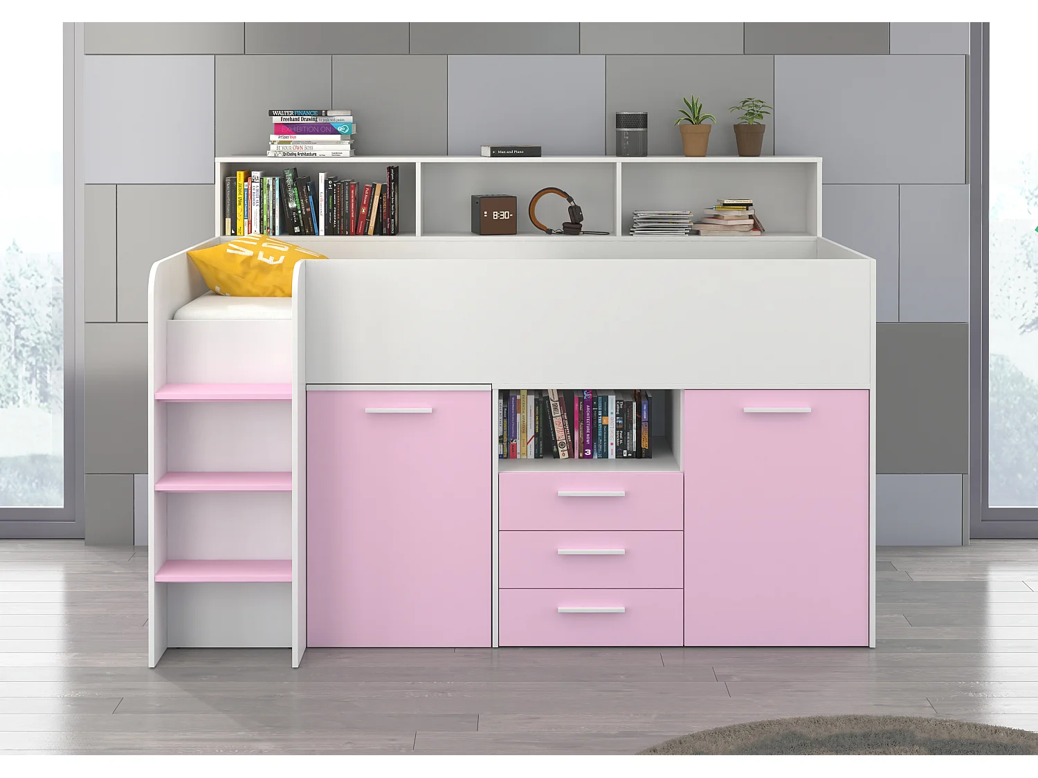 NEO L Etagenbett mit Schreibtisch, Schubladen und Regalen – weiß/lavendel, modernes Möbelstück für Kinderzimmer, sichere Leiter, Schlafbereich 80x200 cm