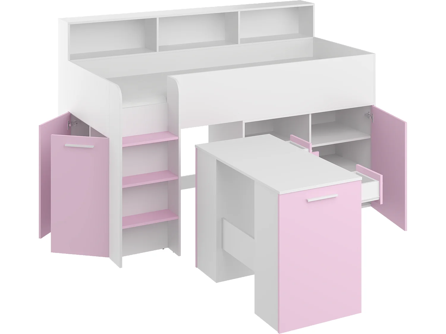 NEO L Etagenbett mit Schreibtisch, Schubladen und Regalen – weiß/lavendel, modernes Möbelstück für Kinderzimmer, sichere Leiter, Schlafbereich 80x200 cm