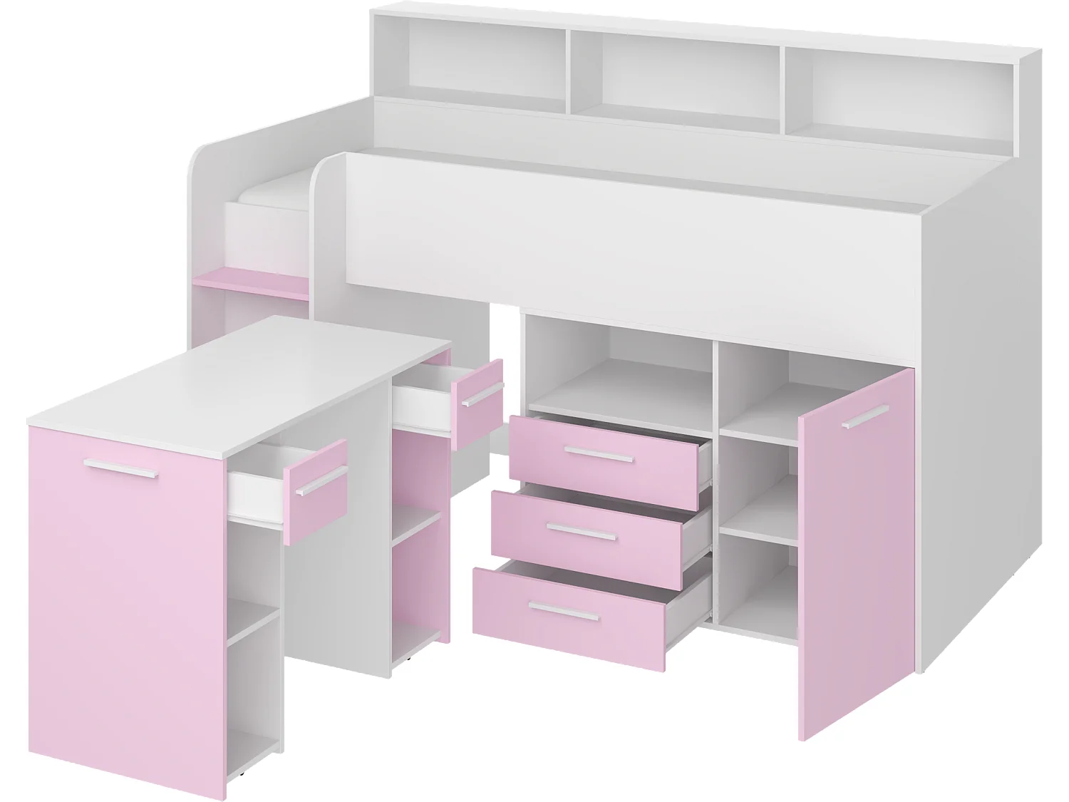 NEO L Etagenbett mit Schreibtisch, Schubladen und Regalen – weiß/lavendel, modernes Möbelstück für Kinderzimmer, sichere Leiter, Schlafbereich 80x200 cm